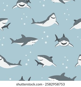 Cartoon Sharks seamless pattern. Cute smiling shark in different poses. Marine predator fish background