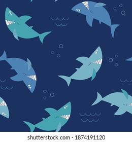 Cartoon sharks. Seamless pattern with funny sharks on a blue background.. Vector children's illustration. Marine theme. For the design of textiles, fabric, wallpaper, wrapping paper.