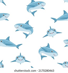 Cartoon sharks seamless pattern. Vector background with cute marine predators.