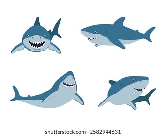 Cartoon Sharks vector illustration. Cute smiling shark in different poses. Marine predator fish set