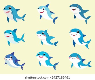 Cartoon Sharks: Whimsical Depictions of Marine Predators with Ferocious Jaws and Angry Demeanors Vector illustration isolated icons set