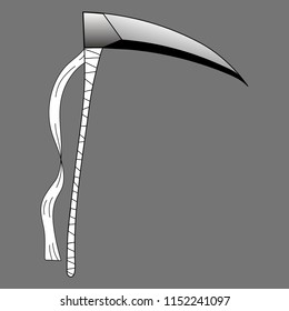 Cartoon Sharp Death Scythe isolated on grey background. Wrapped Scythe. Halloween element. Vector Illustration.