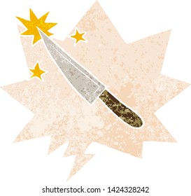 cartoon sharp kitchen knife with speech bubble in grunge distressed retro textured style