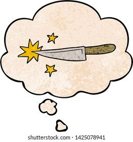 cartoon sharp kitchen knife with thought bubble in grunge texture style