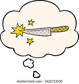 cartoon sharp kitchen knife with thought bubble in comic book style