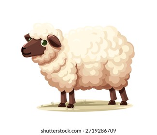Uma ovelha de desenho animado aparece em um design vetorial. A ovelha tem lã macia e macia, de cor clara, e um rosto amigável com olhos grandes. Ele fica em um pedaço de grama em um cenário simples. A imagem captura a natureza lúdica do personagem, tornando-o adequado para materiais infantis. A postura das ovelhas é vertical, mostrando sua forma corporal e textura de lã. O design tem um visual claro e alegre, criando uma atmosfera convidativa.