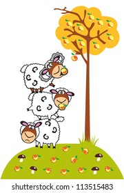 cartoon sheep and apples,children vector illustration isolated on white background
