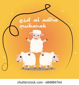 cartoon sheep with Arabic Islamic text Eid-Al-Adha on half tone background