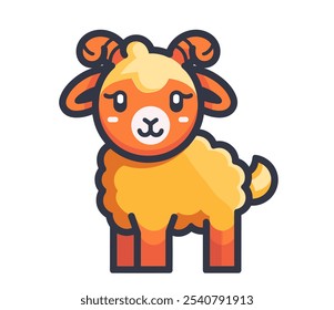 Cartoon sheep with a big smile on its face. The sheep is orange and white. It is standing in front of a white background