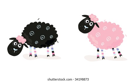 Cartoon sheep. Black and pink sheeps. Vector Illustration of funny sheeps. In 2 color variants.