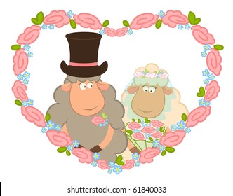 Cartoon sheep bridegroom and bride on background with floral heart. Vector illustration.