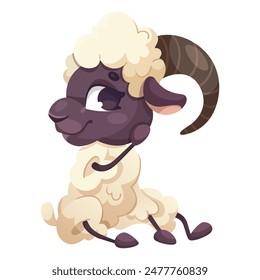 Cartoon sheep with brown horns sitting, white background. Vector illustration