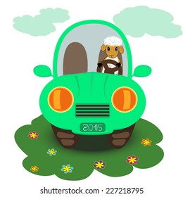 Cartoon sheep in the car. Chinese new year of the goat 2015. Vector illustration