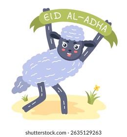 cartoon sheep carrying a banner that says "eid al adha". vector illustration isolated on white background