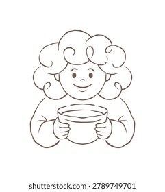A cartoon sheep character with fluffy wool, smiling while holding a warm cup of coffee. A friendly and cozy hand drawn vector illustration perfect for a cafe mascot, branding, or children's products