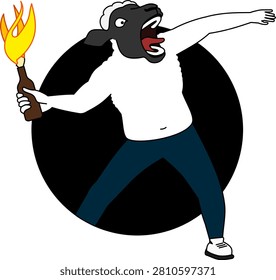Cartoon sheep character throwing a molotov cocktail, rebellious mascot vector illustration