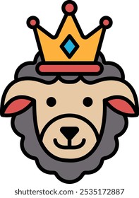 A cartoon sheep with a crown on its head. The sheep is smiling and looking up at the camera