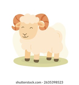 Cartoon sheep with curly horns stands on grass, sheep brings softness to farm scenes, sheep perfect for rural and educational projects, children's books and visuals.