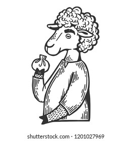 Cartoon sheep eat khinkali engraving vector illustration. Scratch board style imitation. Black and white hand drawn image.