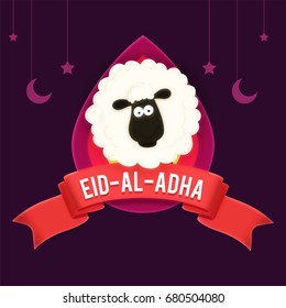 Cartoon carneiro com fita vermelha Eid-Al-Adha em estrelas suspensas e fundo de luas de crescente, Cartaz criativo, banner ou design flyer.