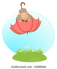 Cartoon sheep fly in red umbrella. Vector illustration.