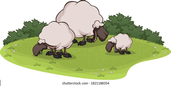 Cartoon sheep grazing. Sheep on grass field.