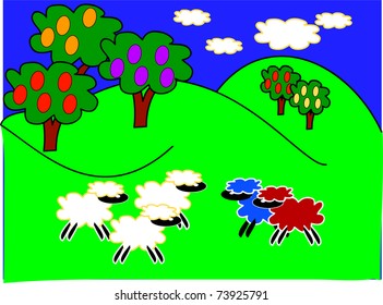 Cartoon sheep in a green field with hills, clouds and colorful trees illustration vector