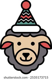 A cartoon sheep with a hat on its head. The hat is red and green. The sheep is smiling