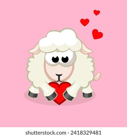 Cartoon sheep with a heart. Greeting card for Valentine Day