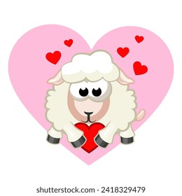 Cartoon Sheep Holding Heart. Greeting card for Valentine Day