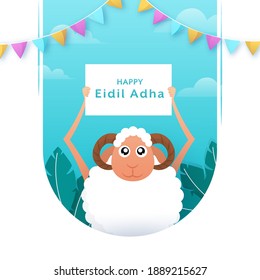 Cartoon Sheep holding a Message Paper of Happy Eidil Adha with Green Leaves and Bunting Flags Decorated on Sky Blue and White Background.