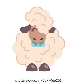 Cartoon sheep isolated on white background. Domestic fluffy lamb with blue bow. Ram icon. Fnnny sheep farm animal. Hand drawn doodle character for kids design, knitting, setting. Vector illustration