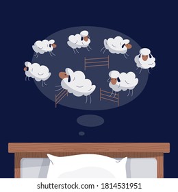 Cartoon sheep jumping over fence on night background. Trying to sleep, counting the sheep, insomnia, sleep disorder, sleeplessness, dream concept. Vector modern cute animal illustration in flat design