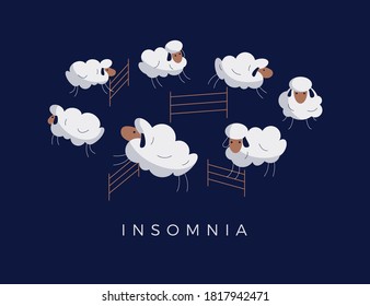 Cartoon sheep jumping over fence on night background. Insomnia, sleep disorder, sleeplessness, dream, trying to sleep, counting the sheep concept. Vector modern cute animal illustration in flat design