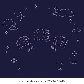 Cartoon sheep jumping over fence on night background. Trying to sleep, counting the sheep, insomnia, sleep disorder, sleeplessness, dream concept. Vector linear cute animal illustration in flat design