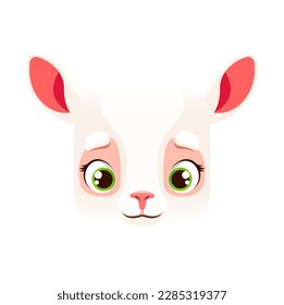 Cartoon Schafe kawaii quadratisches Gesicht Tier. Geräumige Lammkreatur, Baby-Jumbuck-Portrait. Einziger Vektorschaf- oder Muttoncharakter. Schaltfläche, Symbol, Grafikdesign-Element