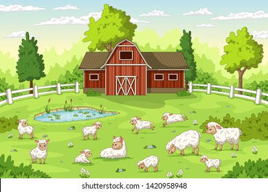 Cartoon sheep on a farm. Summer Landscape with red house and fence. 