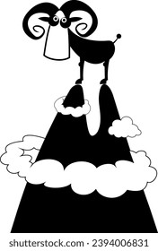 Cartoon sheep on the high mountains.
Cartoon wild ram in the mountains. Black and white illustration
