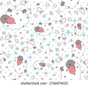 Patrón de caricatura de ovejas con el corazón dentro, Corazones, cabeza de oveja, conejos, flores con contornos lisos como combinación, pequeños puntos regulares repetidos como fondo