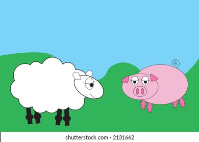 Cartoon sheep and pig in a field