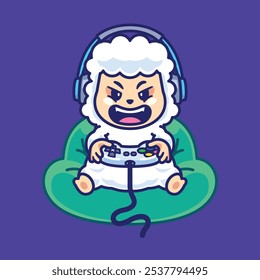 Cartoon sheep playing video game retro gaming illustration logo