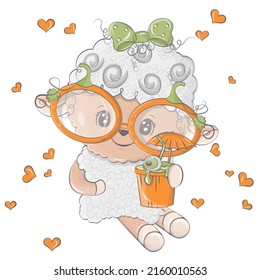 Cartoon sheep with pumpkin cocktail. Vector illustration of Halloween animal. Cute little illustration Halloween lamb for kids, fairy tales, covers, baby shower, textile t-shirt, baby book.