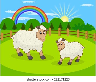 Cartoon sheep and rural meadow with green grass on the mountain background. Natural landscape.