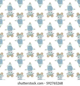 Cartoon sheep seamless pattern on white background. Cute animal vector. Child drawing style.