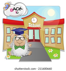 Cartoon Sheep is sitting in the background of the school 