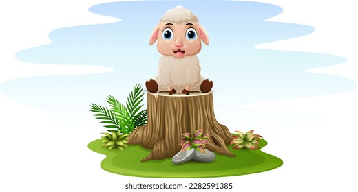 Cartoon sheep sitting on tree stump
