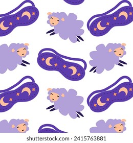 caricatura oveja y máscara de dormir fondo vectorial. Ilustración vectorial aislada. Adecuado para textiles, papel de envoltura, afiche. 