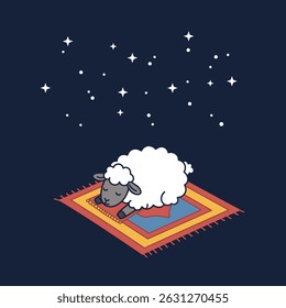 A cartoon sheep is sleeping on a colorful prayer rug under a dark blue night sky filled with stars.