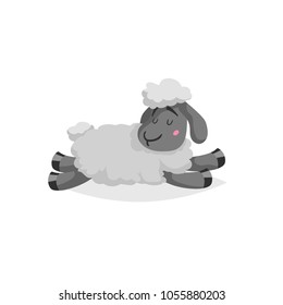 Cartoon sheep sleeping or relaxing. White wool and black skin cute farm animal lie. Vector trendy design illustration isolated on white background.