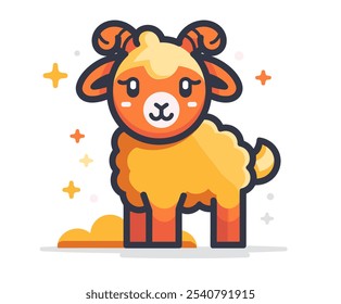 Cartoon sheep with a smile on its face stands in a field of yellow grass. The sheep is surrounded by stars, which give the image a whimsical and playful feel